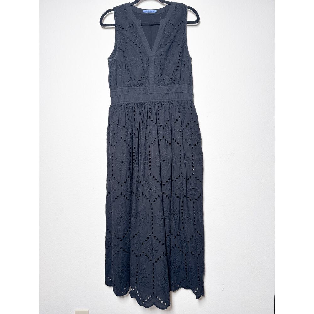 J. McLaughlin Yuri Eyelet Dress L Black Embroidered Cotton Midi Resort - Picture 2 of 7